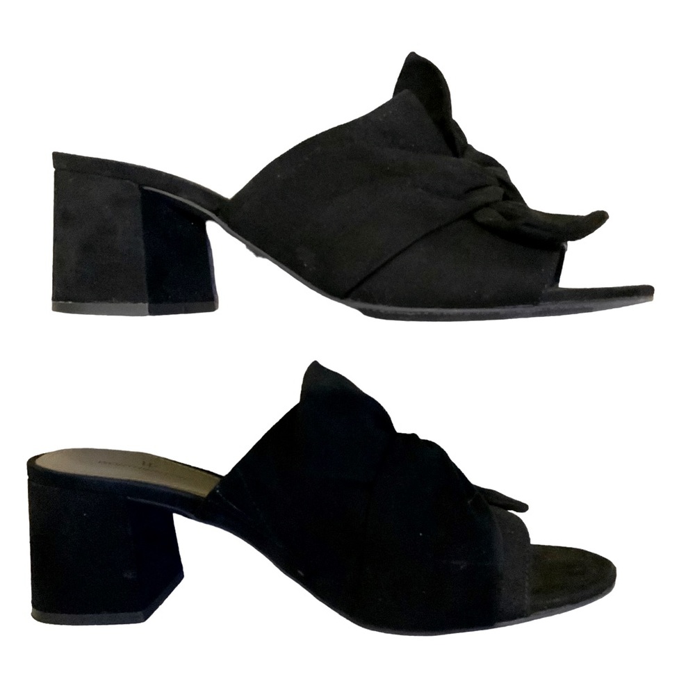 Worthington Shoes Black Microsuede 3 Inch Chunky Heels Bow Detail Sandals Size 8 - Picture 5 of 8